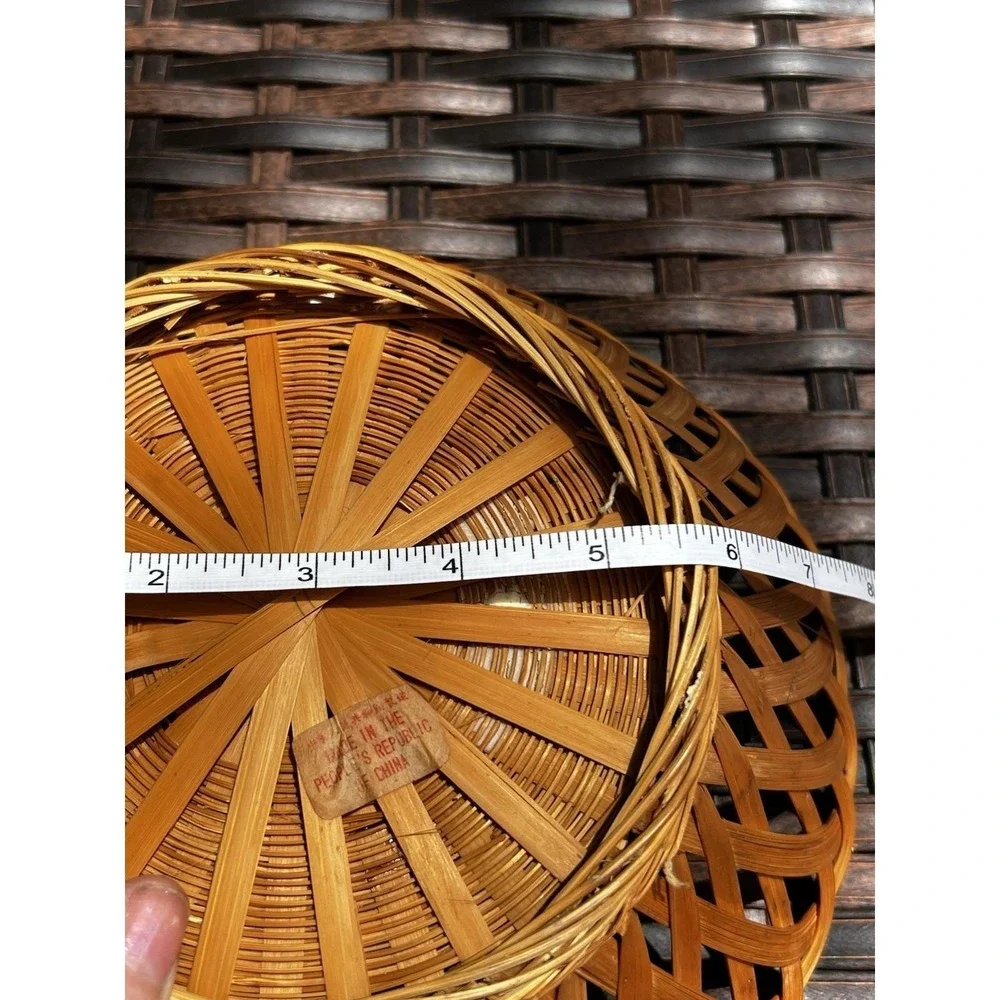 Vintage Boho Woven Wicker Bread Basket Round Open Weave Rattan 9